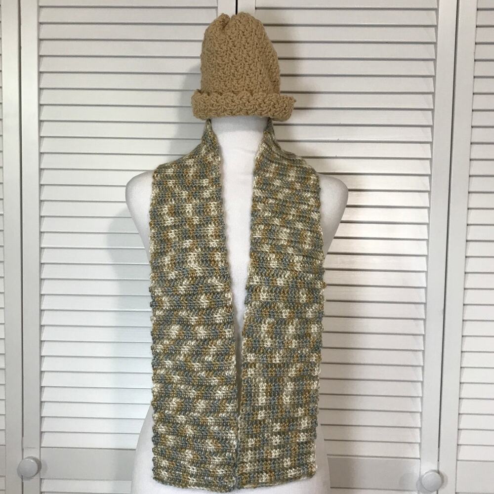 NWT Boho Cottage Handmade Crochet Beanie Hat Scarf Set 49" Beige Tan Textured